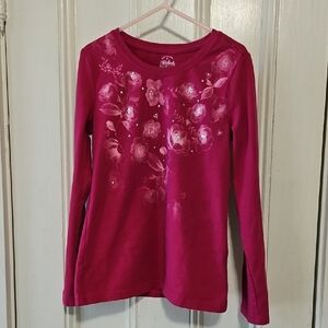 Faded Glory Pink Long Sleeve Tee with Floral Embellishment